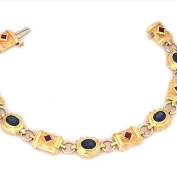 🌷Etruscan Revival Statement Bracelet Multi Colored Gemstones 14K Gold - Picture 16 of 16